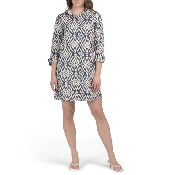 BLUE NAVY Navy/cream Made In Italy Cotton Foliage Mini Shirt Dress - Picture 1 of 2